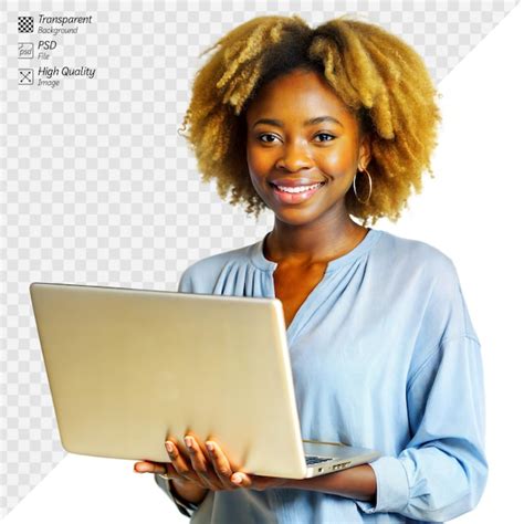 premium psd smiling young woman holding  laptop  transparent