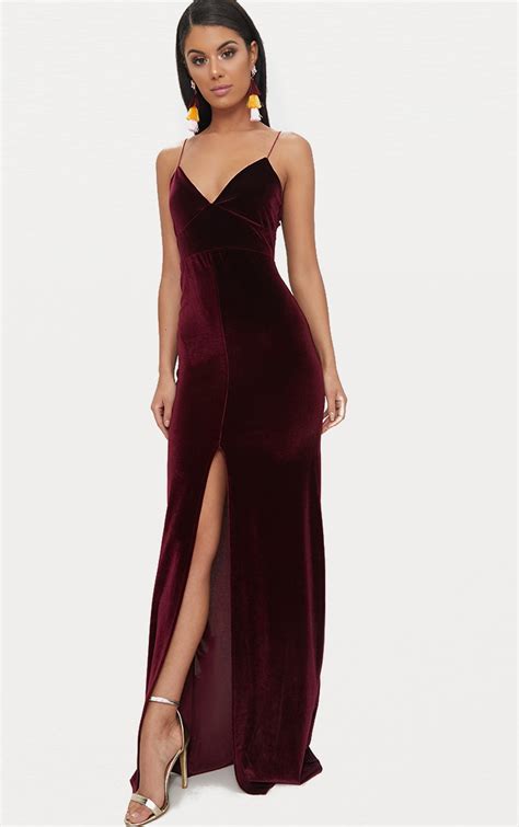 Burgundy Velvet Plunge Strappy Split Detail Maxi Dress