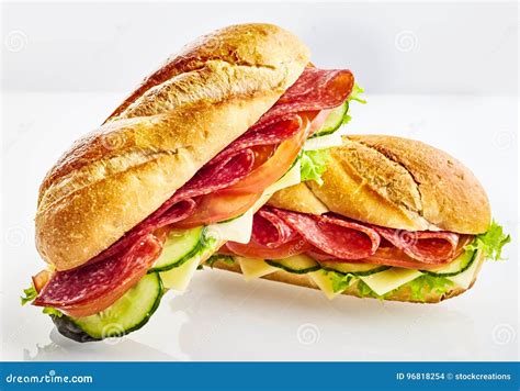 Baguette Sandwiches With Meat Cheese Vegetables Stock Photo Image