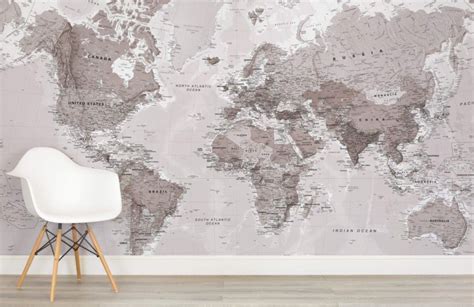 Neutral Colour World Map Wallpaper Mural Hovia UK Feature Wall