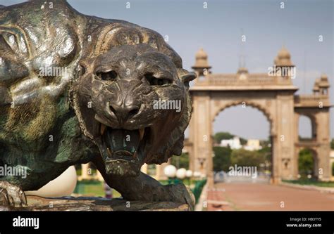 Bronze tiger statue in the grounds of Mysore Palace, Karnataka, India ...