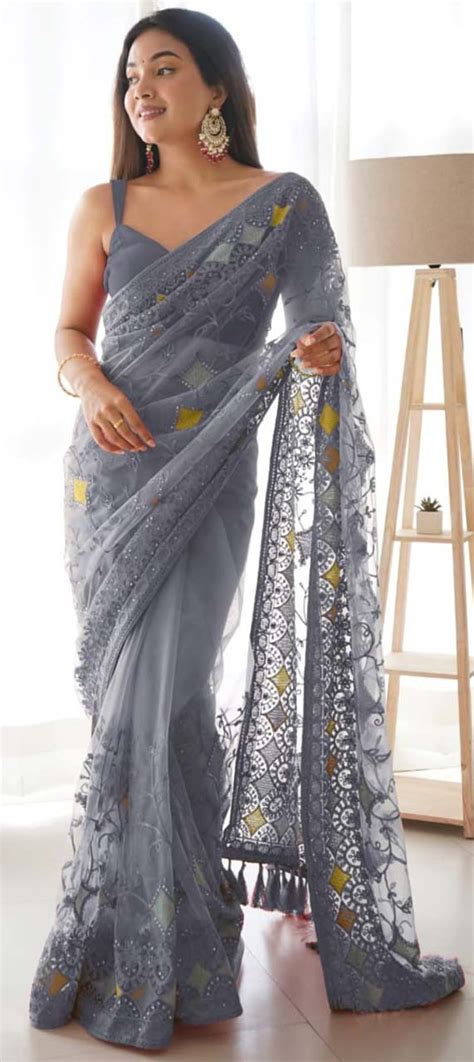 Festive Reception Wedding Black And Grey Color Net Fabric Saree 1906738