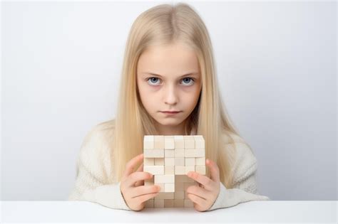 Jeune fille blonde caucasienne avec un puzzle en bois concept de santé mentale de l enfant