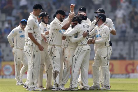 Mumbainew Zealands Ajaz Patel Celebrates The Dismissal Of Indias