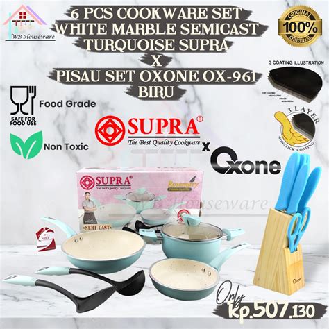 Jual Panci Set Supra 6pcs White Marble Turquoise Cookware Set Anti