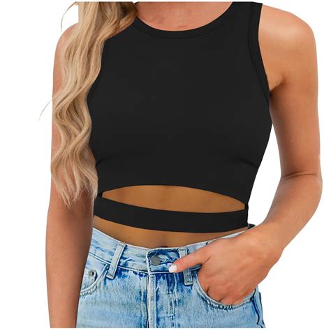 Annhoo Summer Trendy Tank Tops For Women Cutout Crewneck Shirts Tight