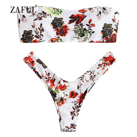 Zaful Bandeau Thong Bikini Swimwear Women Floral High Leg Swimwuit Sexy