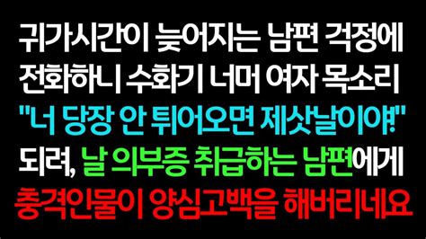 실화사연 귀가시간이 늦어지는 남편 걱정에 전화하니 수화기 너머 여자 목소리 되려 날 의부증 취급하는 남편에게 충격 인물이 양심