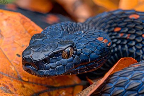 Close Up Shot of a Black Venomous Snake Camouflaged in Orange Autumn ...