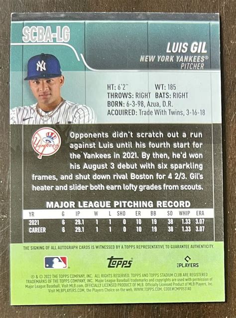 Topps Stadium Club Luis Gil Auto Yankees Autograph Rookie Rc Ebay