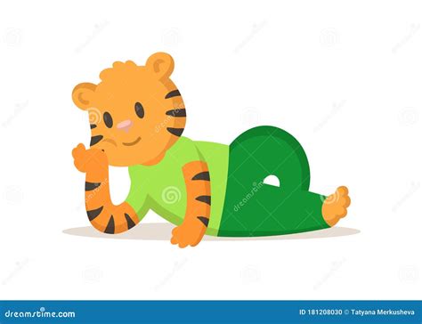 Cute Smiling Tiger Lying Cartoon Character Flat Vector Illustration