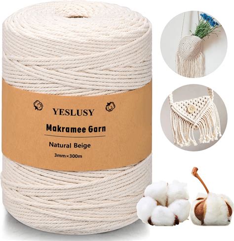 YESLUSY Fil Macramé en Coton Naturel de Qualité Supérieure 3mmx300m