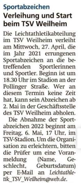 Sportabzeichen Verleihung Und Start Beim TSV Weilheim TSV 1847