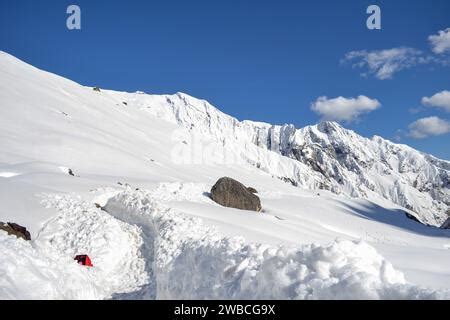 Snow-covered Kedarnath temple, Kedarnath Dham in India. Kedarnath is a ...