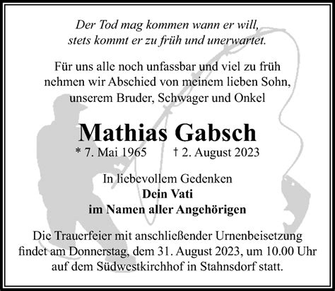 Traueranzeigen Von Mathias Gabsch Trauer Anzeigen De