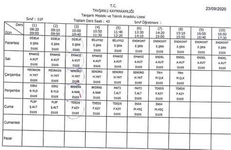 11 Sınıf Ders ProgramI Tavşanlı Mesleki ve Teknik Anadolu Lisesi