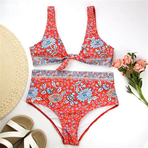 Melphieer New Floral Print Bikini High Waist Bikinis Set Swimsuit Bow