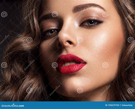 Beautiful Face Of Young Woman With Red Lipstick Stock Photo Image Of