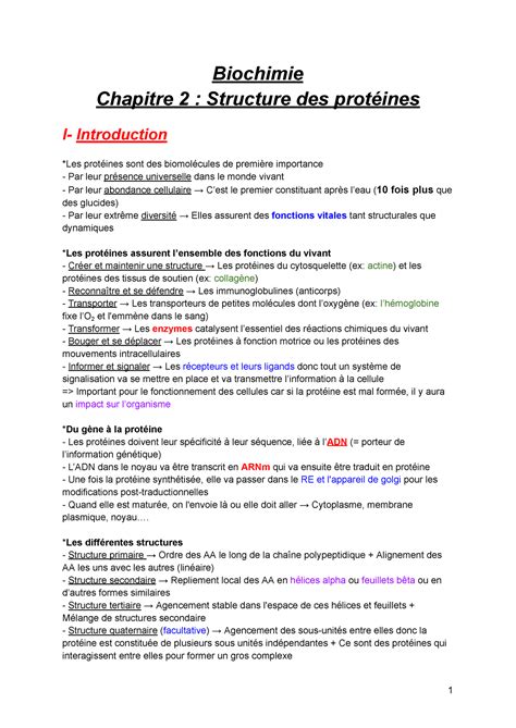 Structure Des Prot Ines Chap Biochimie Chapitre Structure Des