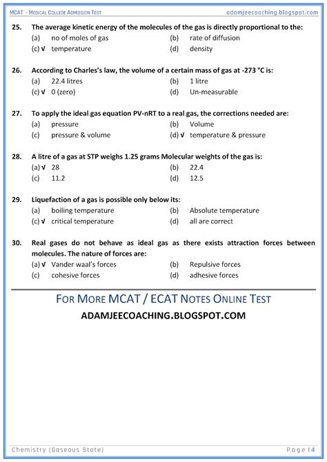 Adamjee Coaching Mcat Chemistry Gaseous State Mcqs For Medical Entry