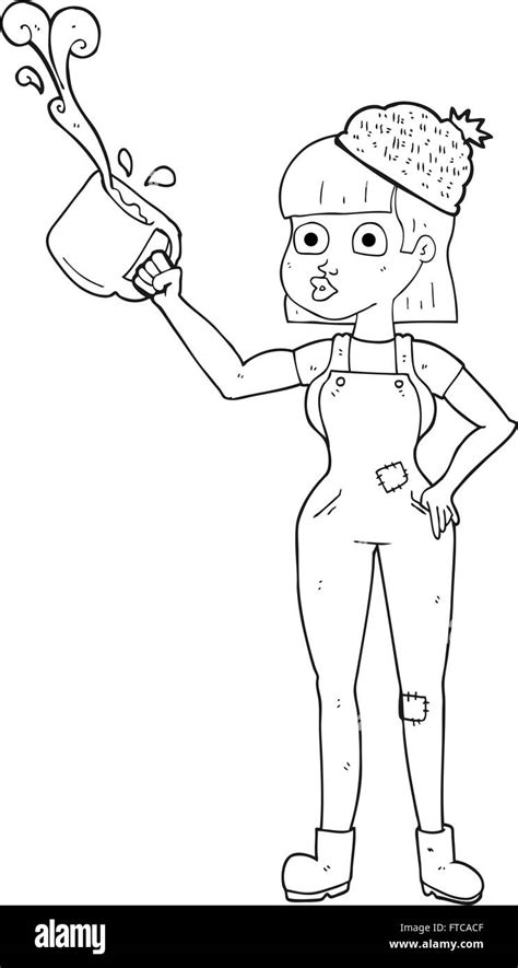 Freehand Drawn Black And White Cartoon Female Worker With Coffee Mug