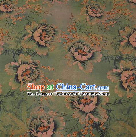 Chinese Cheongsam Classical Peony Pattern Design Khaki Watered Gauze