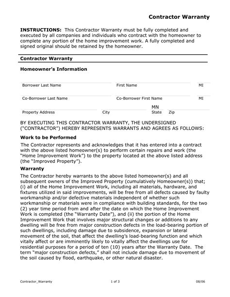 Contractor Warranty Template