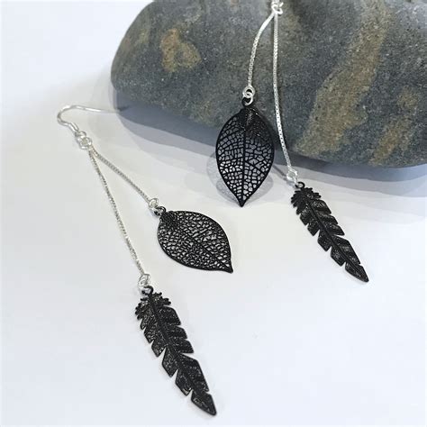 Longues Boucles D Oreilles En Argent Avec Pendentifs Noirs Bijoux