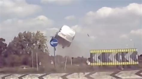 Watch Shocking Moment Speeding Van Catapults Over Norfolk Roundabout