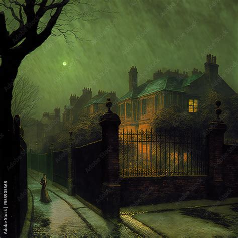 Digital Painting of a Lonely Victorian Woman on a Foggy Moonlit Night ...