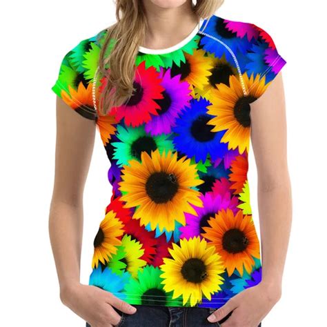 Forudesigns Rainbow Floral T Shirts Women Topsflower Tee Shirt Femme