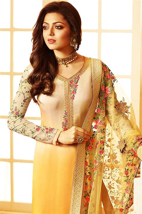 Buy Light Yellow Ombre Churidar Salwar Kameez With Floral Embroidery In