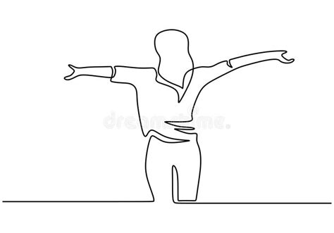 Continuous One Line Drawing Of Woman Standing And Rising Hands