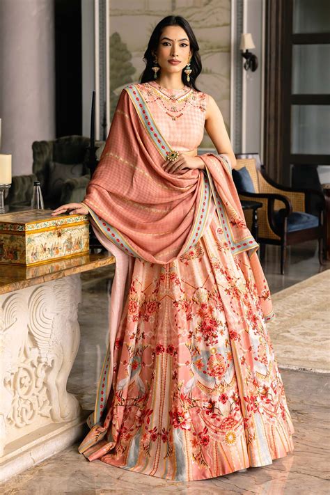 Buy Peach Dupion Silk Print Regal Floral Round Flower Vine Lehenga Set