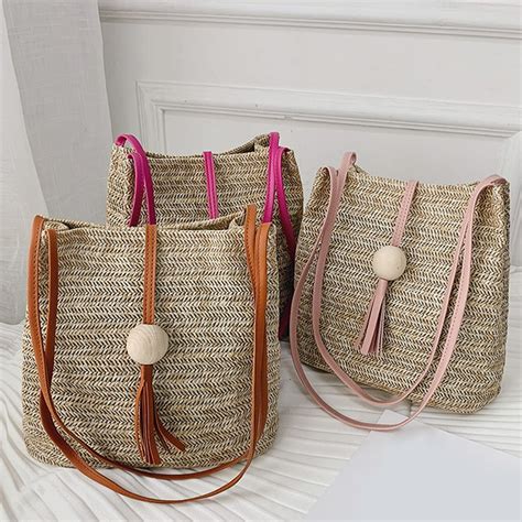 Yesbay Summer Beach Women Straw Weave Handbag Wooden Ball Tassel Tote