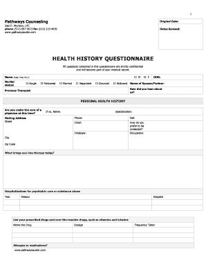 Fillable Online HEALTH HISTORY QUESTIONNAIRE Pathways Counseling 512