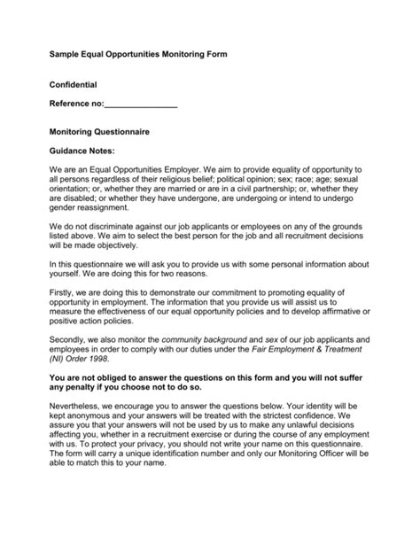 Equal Opportunities Monitoring Form Sample