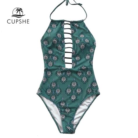 Cupshe Green Flora Print Strappy One Piece Swimsuit Women Halter Cut Out Backless Sexy Bodysuits