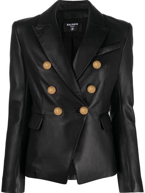 Balmain Black Leather Double Breasted Blazer ModeSens