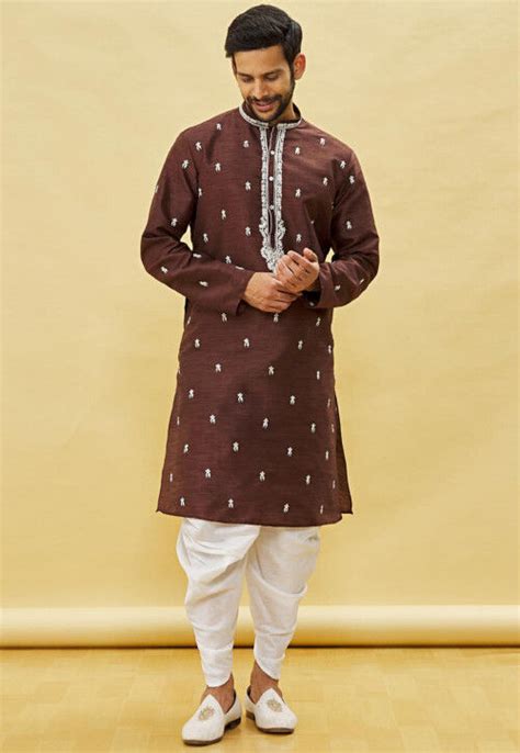 Embroidered Art Silk Kurta Dhoti Set In Brown MDY728