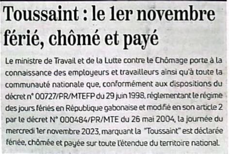 1er Novembre Chômé Férié Et Payé Sur Toute Létendue Du Territoire