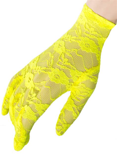 Short Neon Yellow Lace Costume Gloves 1980s Yellow Lace Gloves