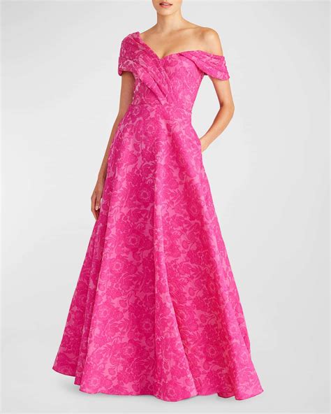 Theia Marlene One Shoulder Floral Jacquard Gown In Passionfruit