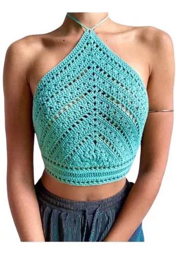 Top Crop Halter Tejido Mano Crochet Algodón Bikini Artesanal Envío gratis