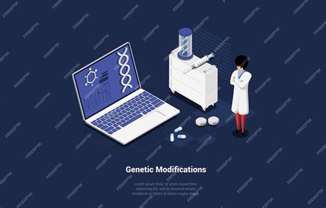 과학 실험실 연구 및 유전자 수정 과학자의 개념 유전 연구 수정 Dna 분자 테스트 유전 공학 과학자 아이소메트릭 3d 벡터