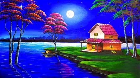 Moonlight Night Scenery Drawing Painting Moonlight Night Drawing