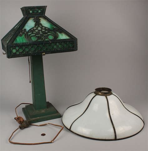 Lot 713 Mission Style Slag Glass Lamp And Shade