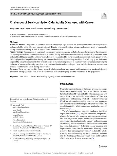 Challenges Of Survivorship For Older Adults Diagnosed With Cancer