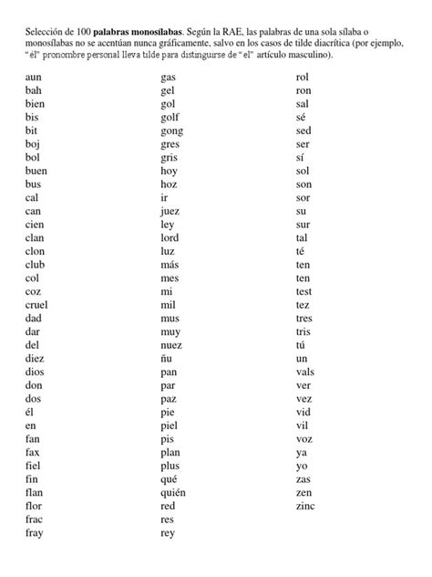 Selección De 100 Monosilabos Sin Tilde Y Con Tilde Unidades