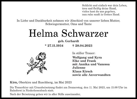 Traueranzeigen Von Helma Schwarzer Rz Trauer De